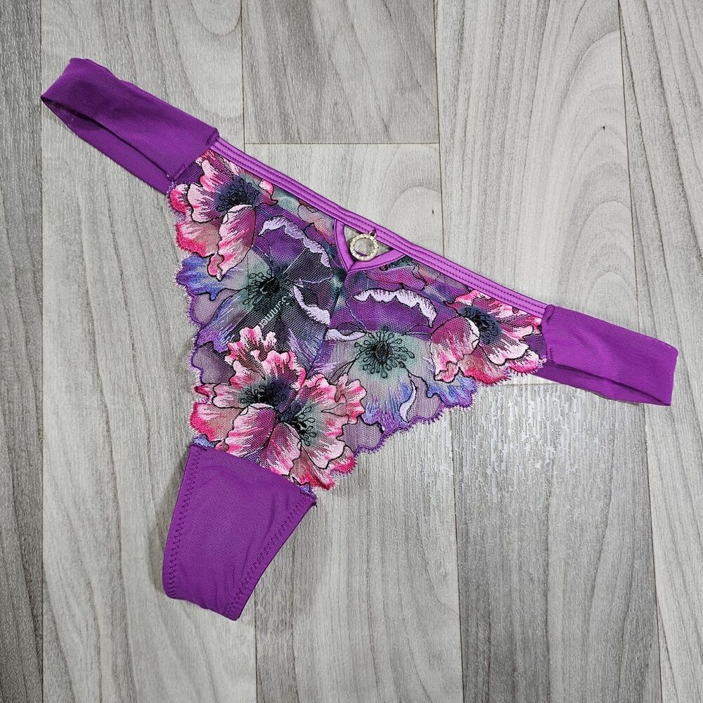 Ann Summers Wildflower Bright Purple Floral Embroidered Thong Panty Size US 4